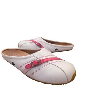 LACOSTE Thea Women's 7.5 White Pink Stripe Slip-On Mules‎ Sporty Y2K Preppy